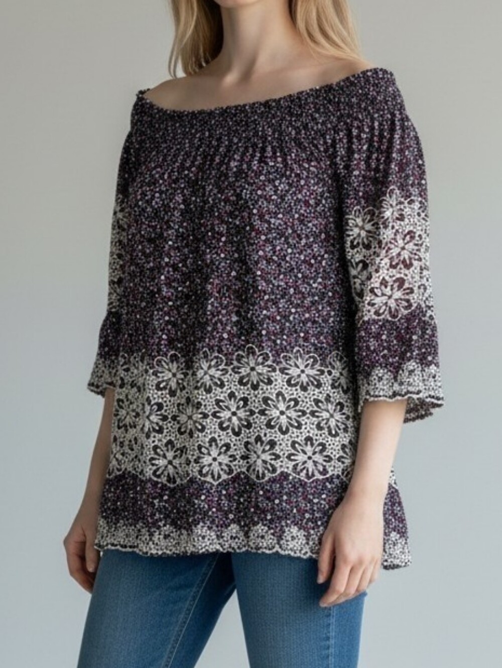 Kut from the Kloth Floral Off-Shoulder Peasant Top Embroided Farmhouse Prairie